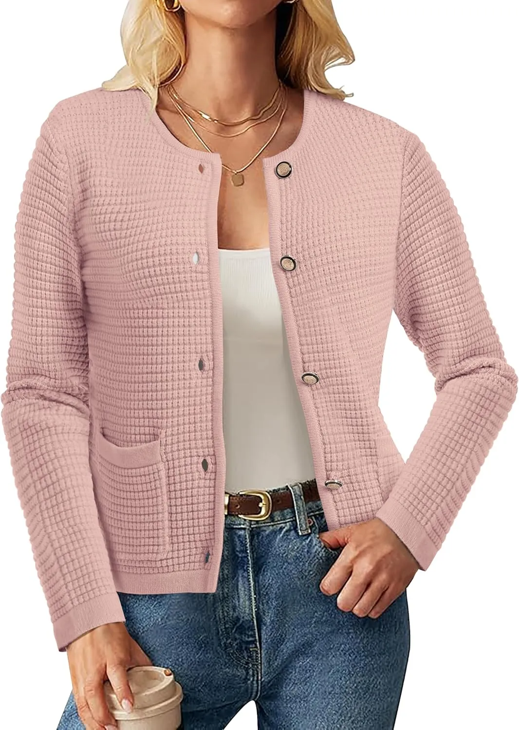 Urban CoCo Women's Open Front Cropped Cardigan Sweaters for Women Trendy Crewneck Button Down Knit Sweater Jacket
