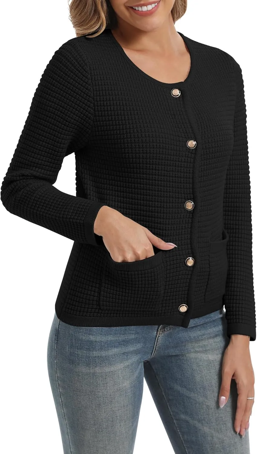 Urban CoCo Women's Open Front Cropped Cardigan Sweaters for Women Trendy Crewneck Button Down Knit Sweater Jacket