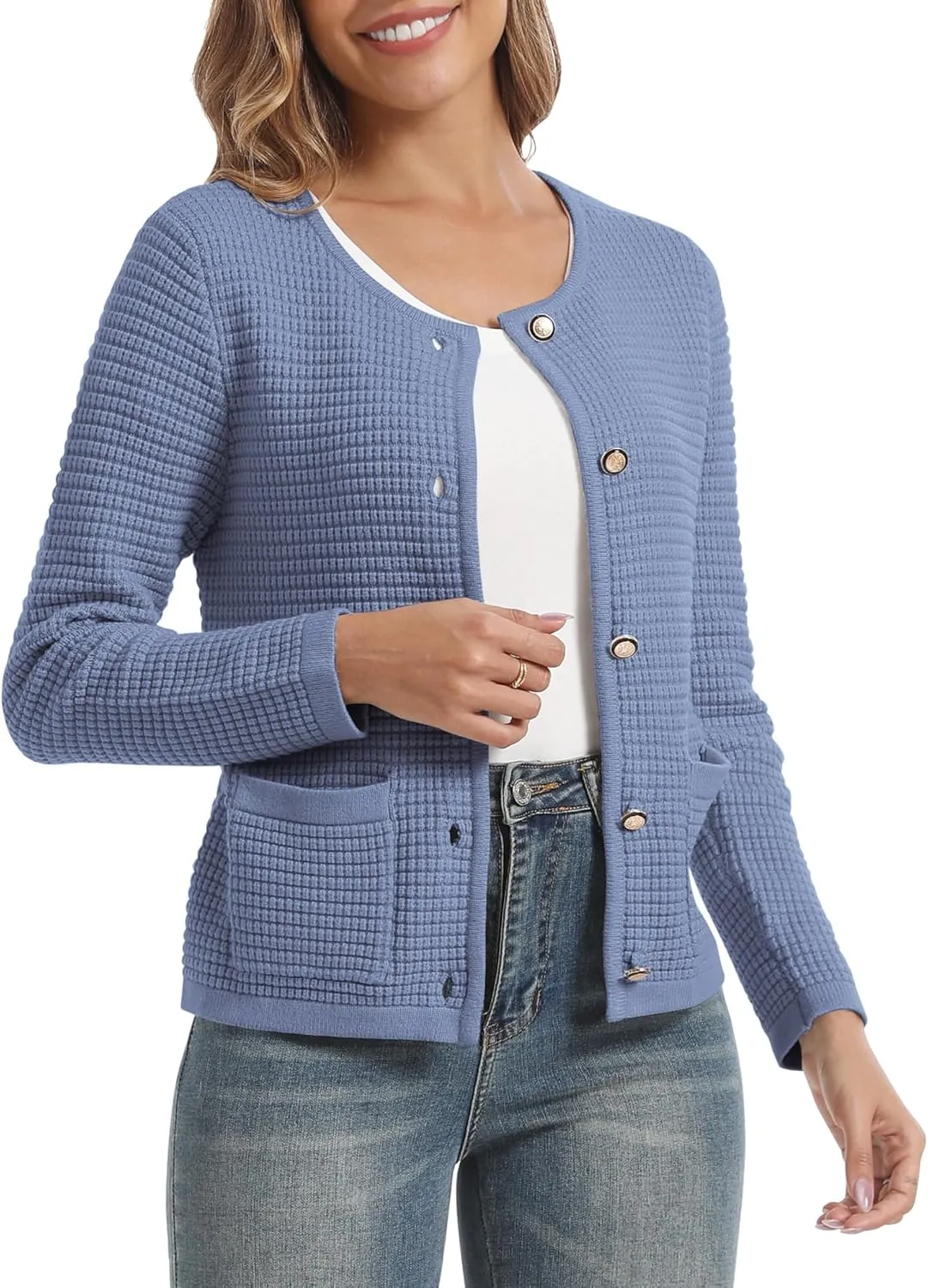 Urban CoCo Women's Open Front Cropped Cardigan Sweaters for Women Trendy Crewneck Button Down Knit Sweater Jacket