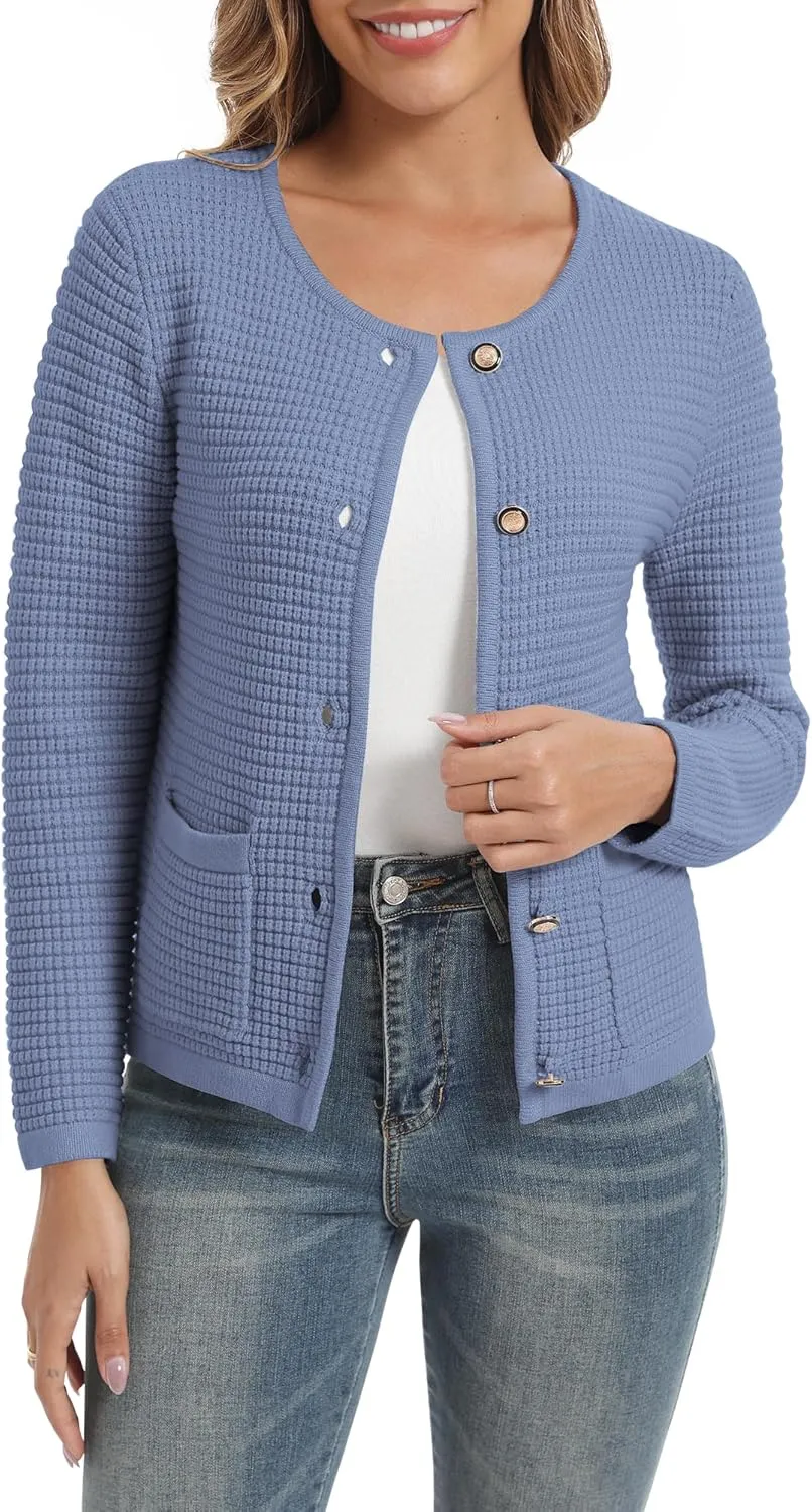 Urban CoCo Women's Open Front Cropped Cardigan Sweaters for Women Trendy Crewneck Button Down Knit Sweater Jacket