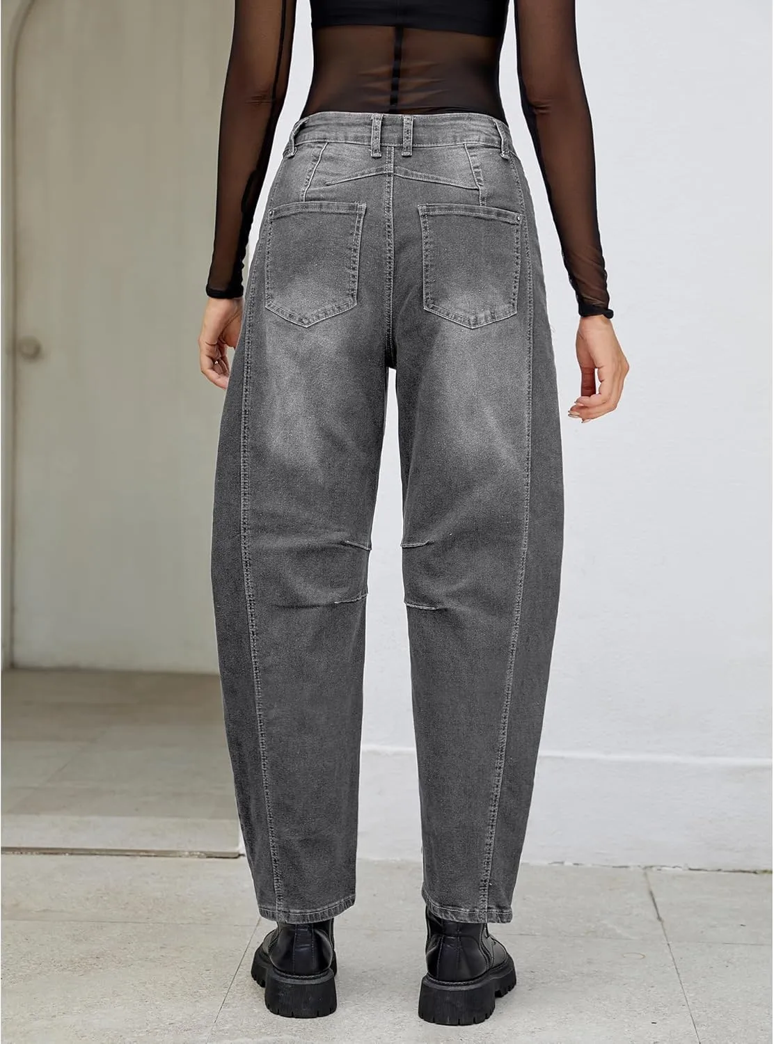 Utyful Barrel Jeans Women Cropped Baggy Trendy High Waisted Distressed Loose Stretch Denim Trouser Jeans with Pockets