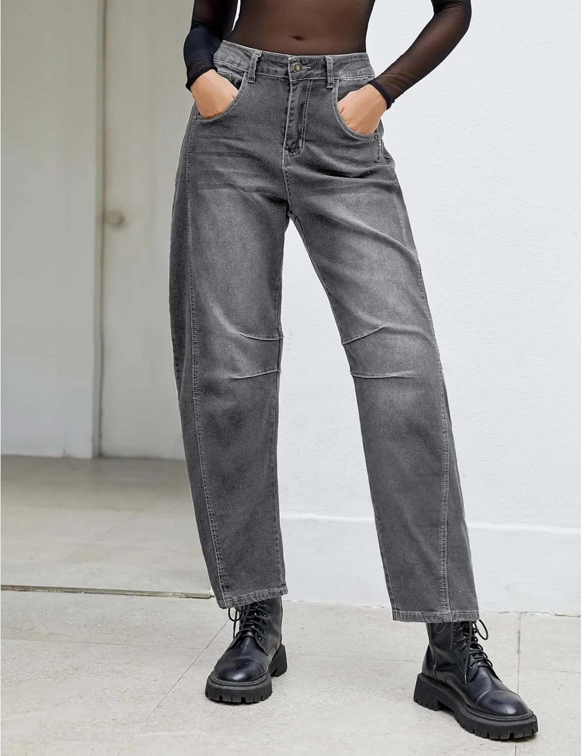 Utyful Barrel Jeans Women Cropped Baggy Trendy High Waisted Distressed Loose Stretch Denim Trouser Jeans with Pockets