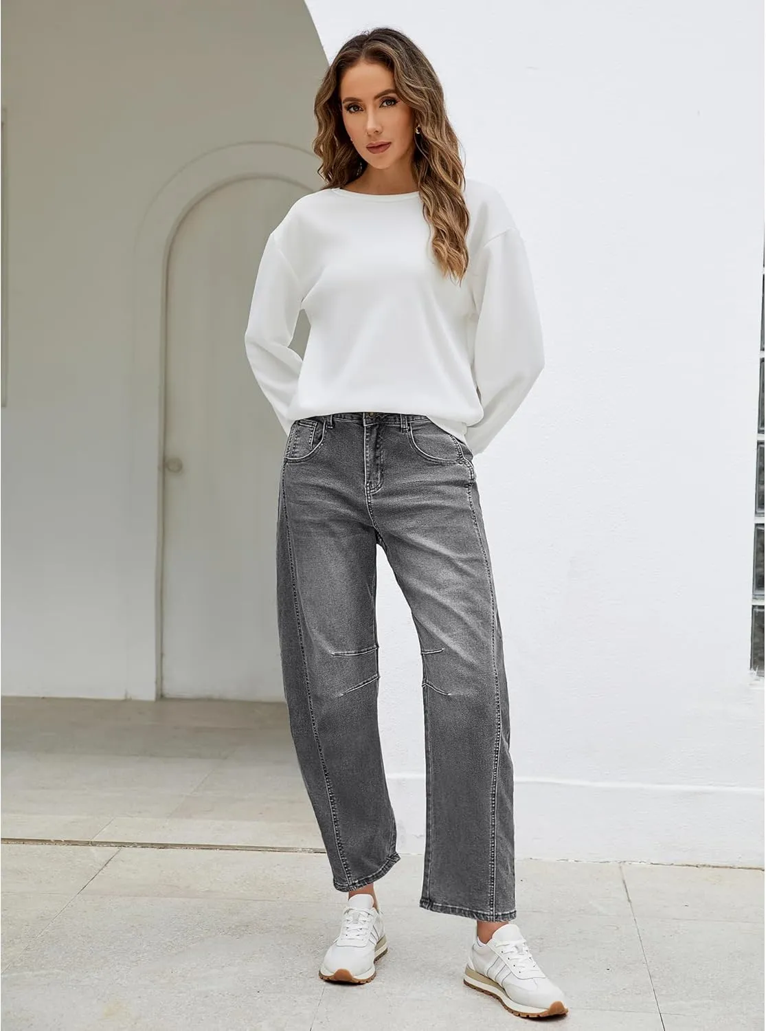 Utyful Barrel Jeans Women Cropped Baggy Trendy High Waisted Distressed Loose Stretch Denim Trouser Jeans with Pockets