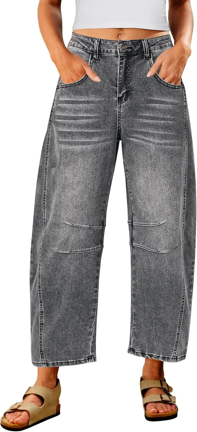 Utyful Barrel Jeans Women Cropped Baggy Trendy High Waisted Distressed Loose Stretch Denim Trouser Jeans with Pockets