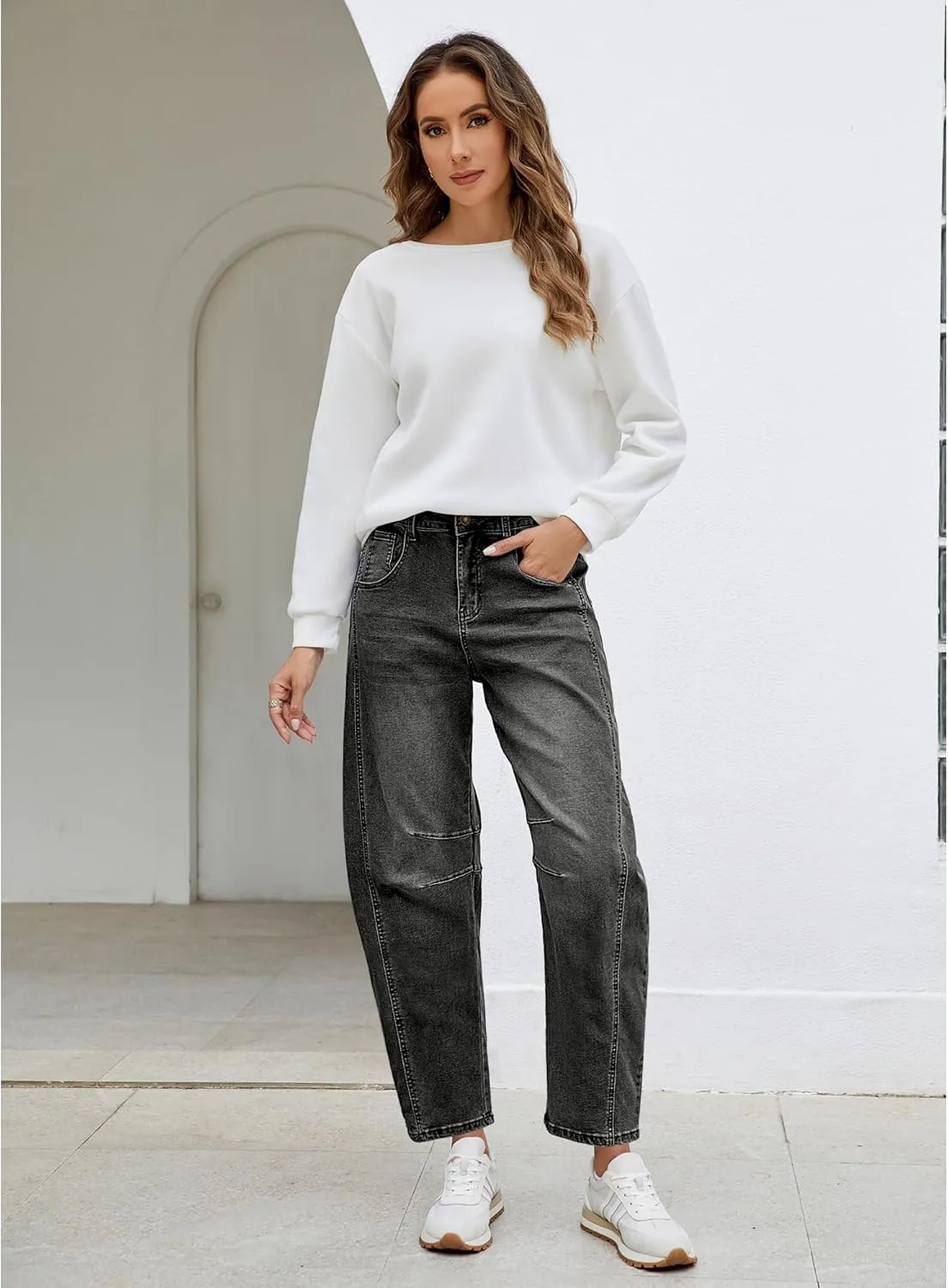 Utyful Barrel Jeans Women Cropped Baggy Trendy High Waisted Distressed Loose Stretch Denim Trouser Jeans with Pockets