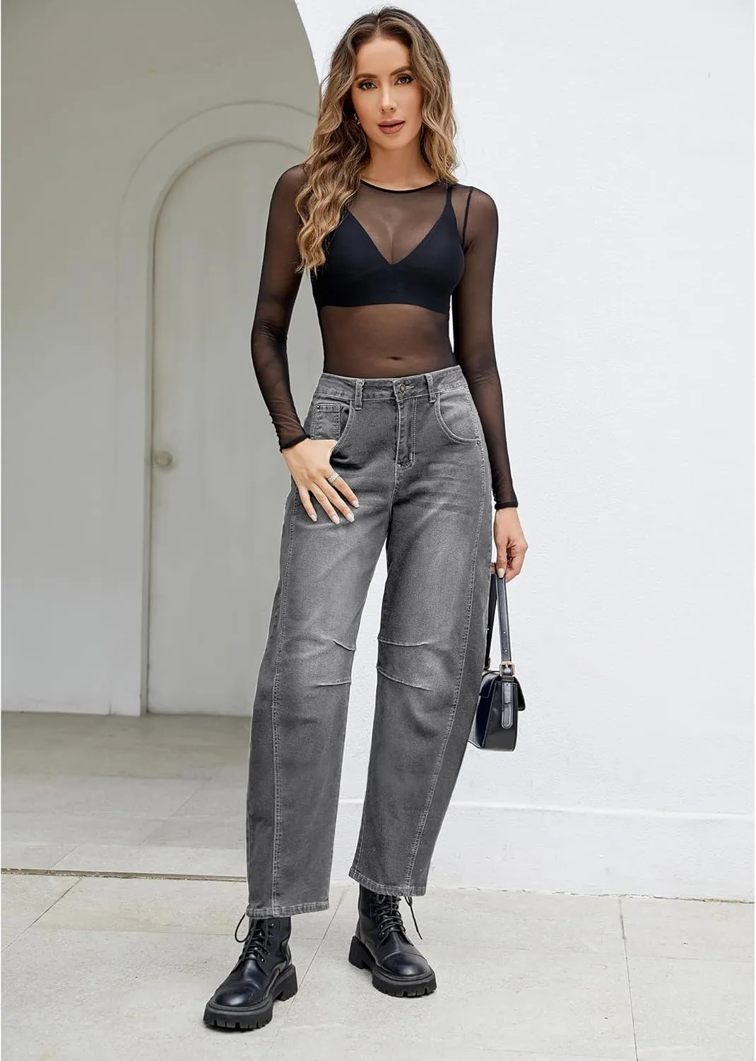 Utyful Barrel Jeans Women Cropped Baggy Trendy High Waisted Distressed Loose Stretch Denim Trouser Jeans with Pockets