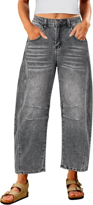 Utyful Barrel Jeans Women Cropped Baggy Trendy High Waisted Distressed Loose Stretch Denim Trouser Jeans with Pockets