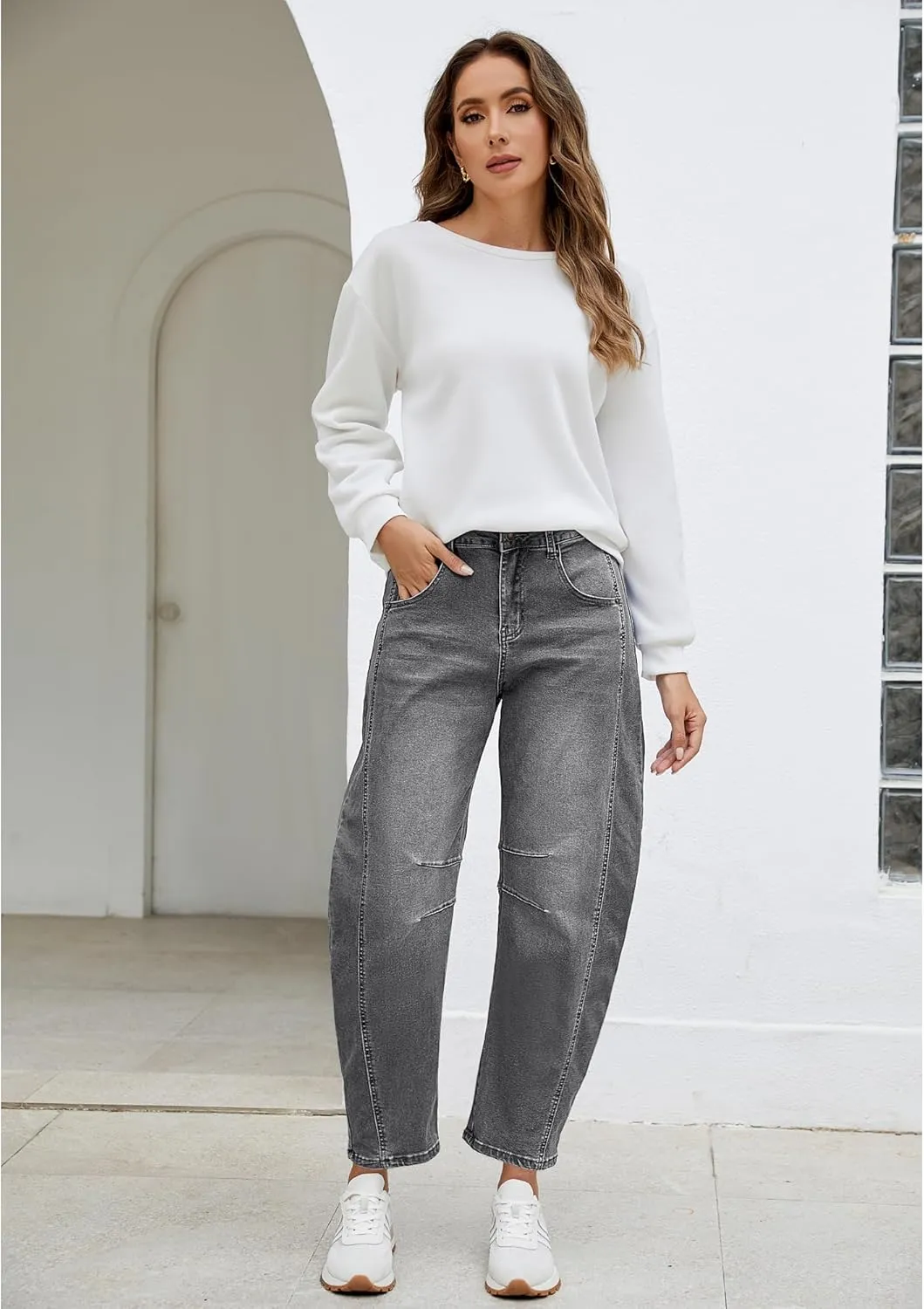 Utyful Barrel Jeans Women Cropped Baggy Trendy High Waisted Distressed Loose Stretch Denim Trouser Jeans with Pockets