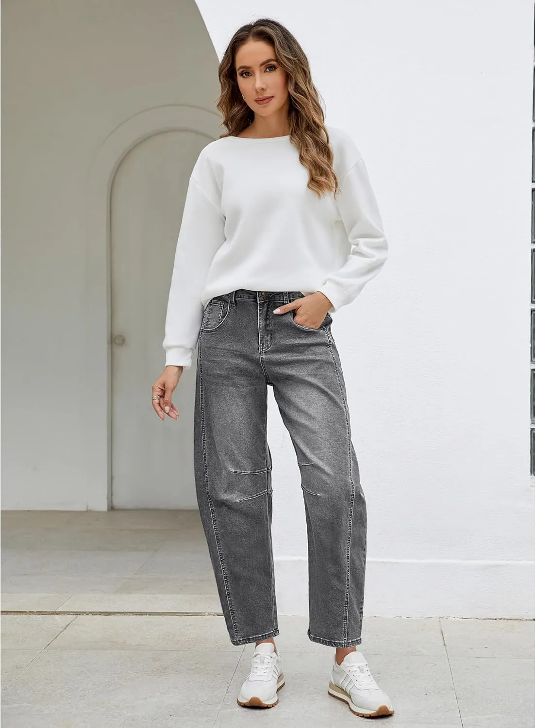 Utyful Barrel Jeans Women Cropped Baggy Trendy High Waisted Distressed Loose Stretch Denim Trouser Jeans with Pockets