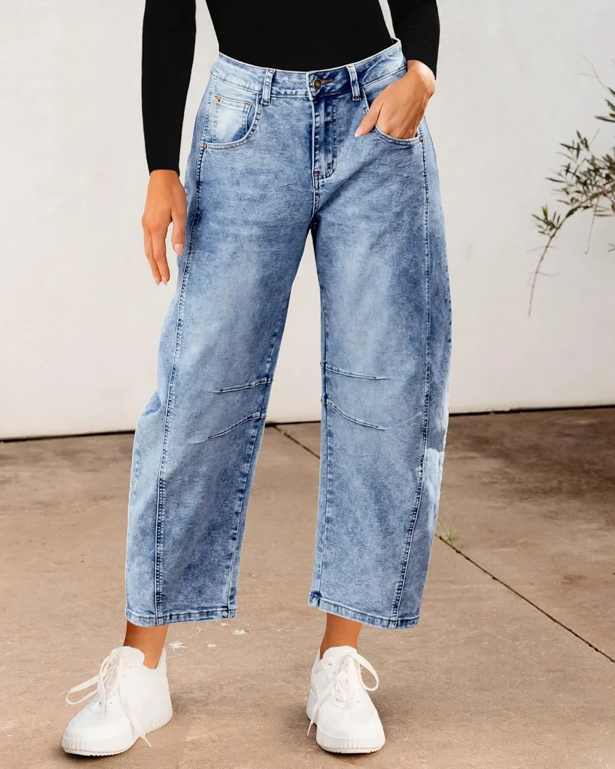 Utyful Barrel Jeans Women Cropped Baggy Trendy High Waisted Distressed Loose Stretch Denim Trouser Jeans with Pockets
