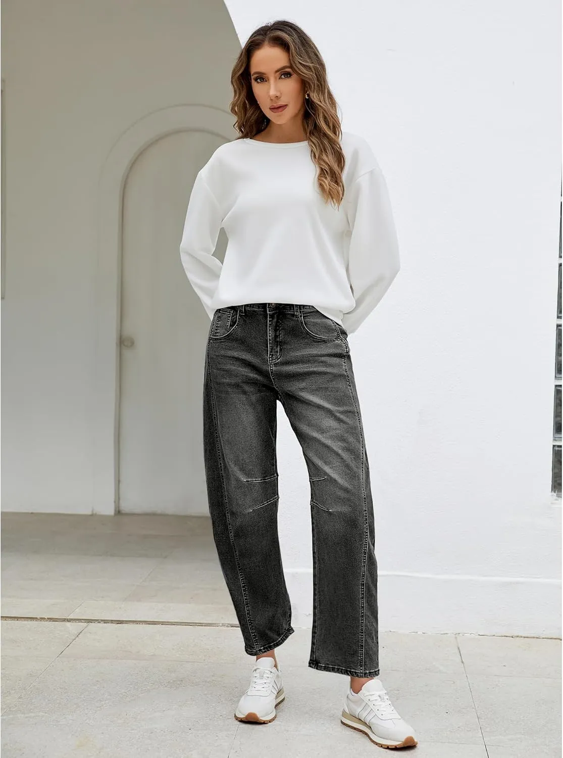 Utyful Barrel Jeans Women Cropped Baggy Trendy High Waisted Distressed Loose Stretch Denim Trouser Jeans with Pockets