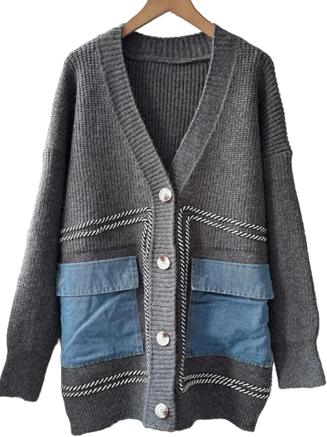 Vaceky Womens Cardigan Sweaters with Denim Pockets Oversized Button Down Open Front Chunky Sweater