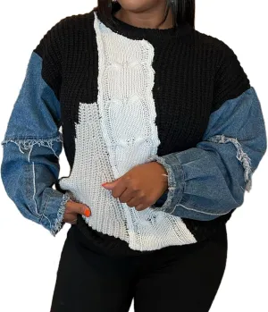 Vaceky Womens Sweaters Denim Sleeve Color Block Crewneck Pullover Knit Tops