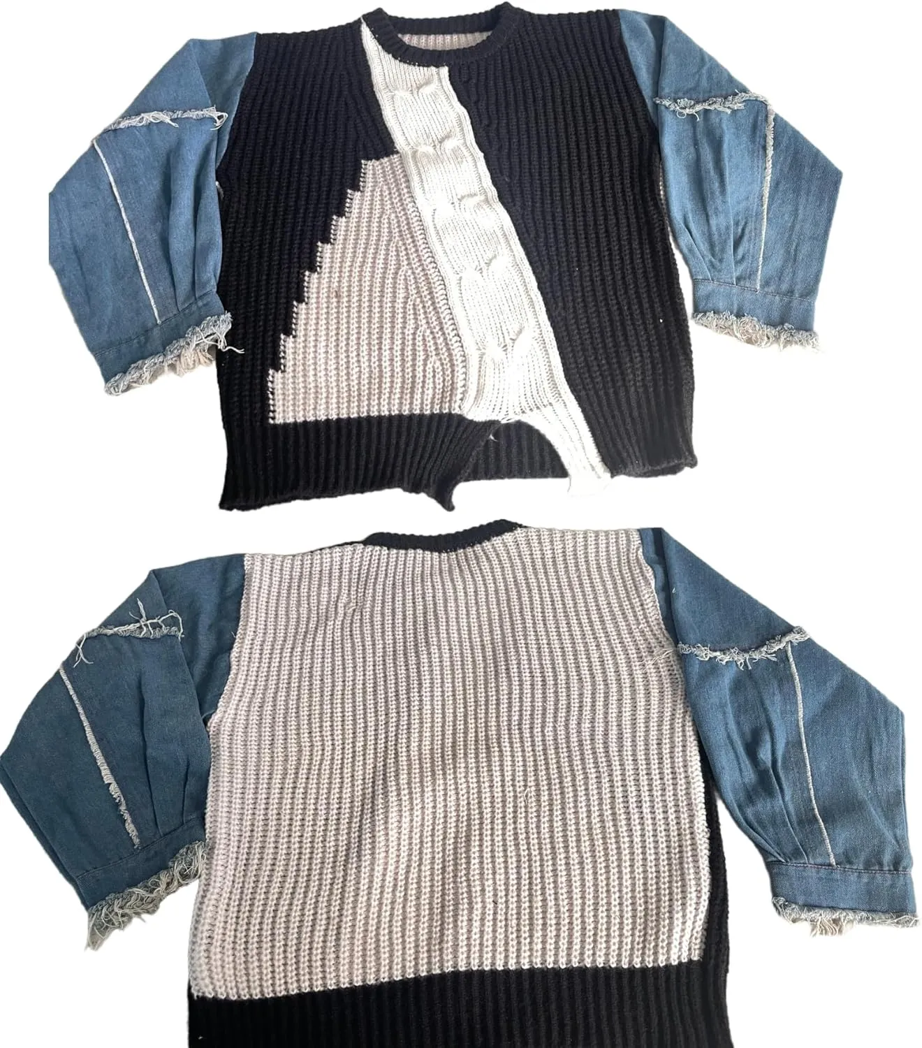 Vaceky Womens Sweaters Denim Sleeve Color Block Crewneck Pullover Knit Tops