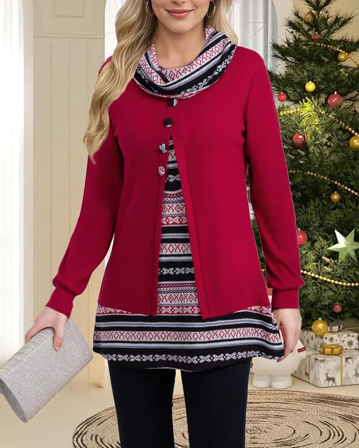 VALOLIA Womens Cowl Neck Long Sleeve Tunic Tops Button Casual Loose Shirts