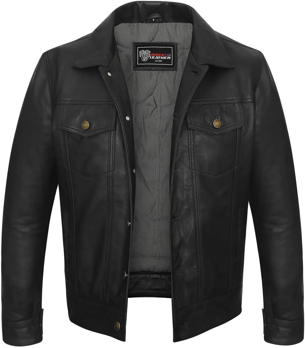 Vance Leather' Men's Black Motorcycle Trucker Premium Leather Jacket