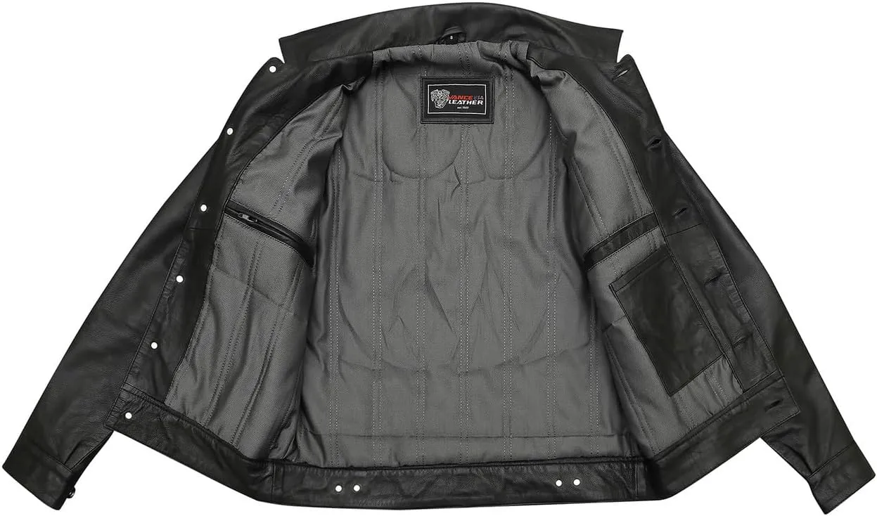 Vance Leather' Men's Black Motorcycle Trucker Premium Leather Jacket