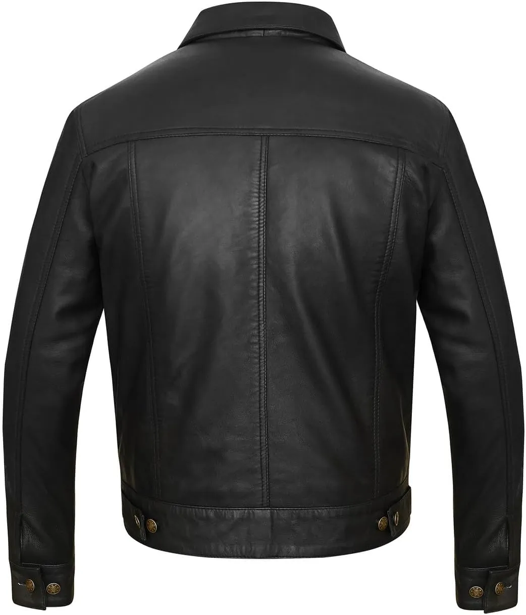 Vance Leather' Men's Black Motorcycle Trucker Premium Leather Jacket