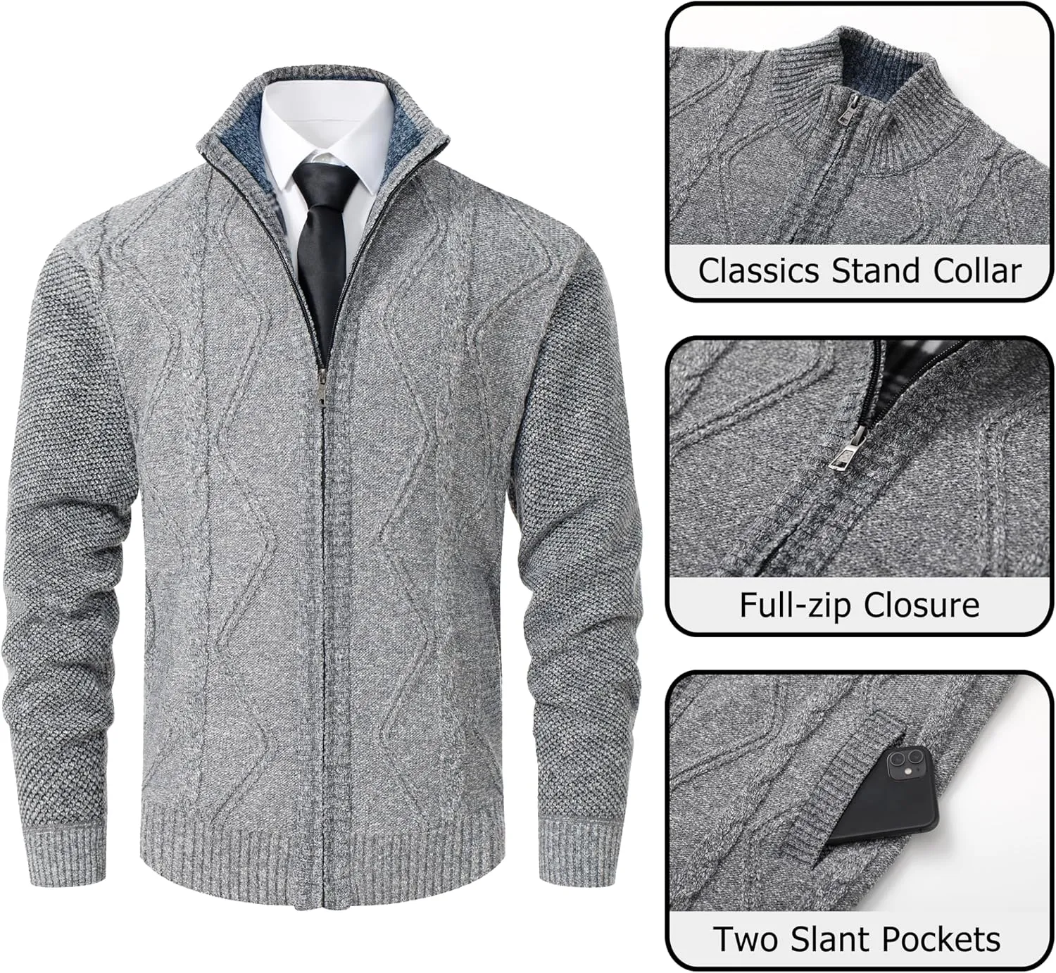 Vcansion Men's Classic Cardigan Sweaters Stand Collar Slim Fit Casual Knitted Sweater
