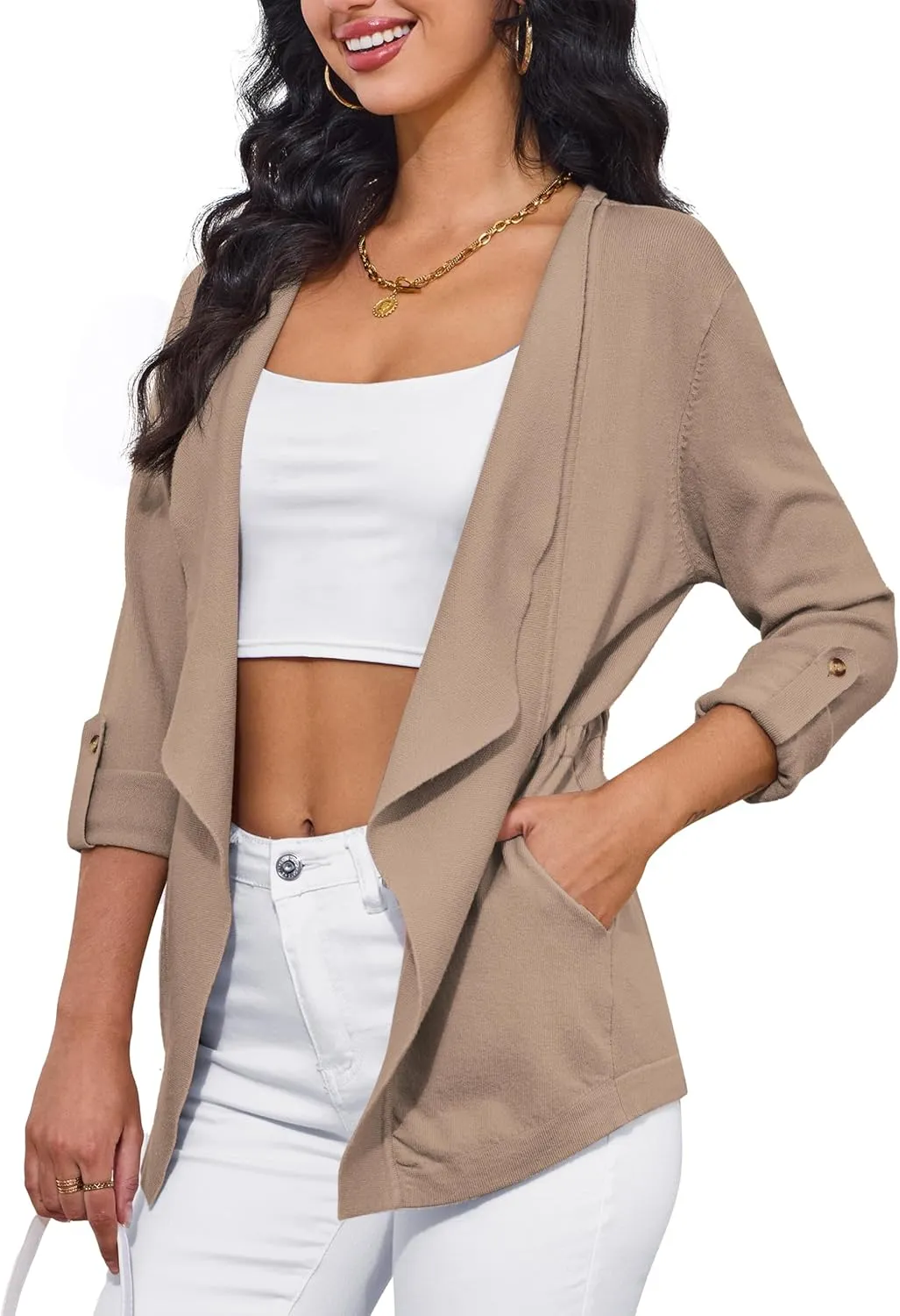 VERABENDI Womens Sweaters 3/4 Roll Sleeve Drawstring Waist Lapel Cardigan for Women with Pockets, S-XL