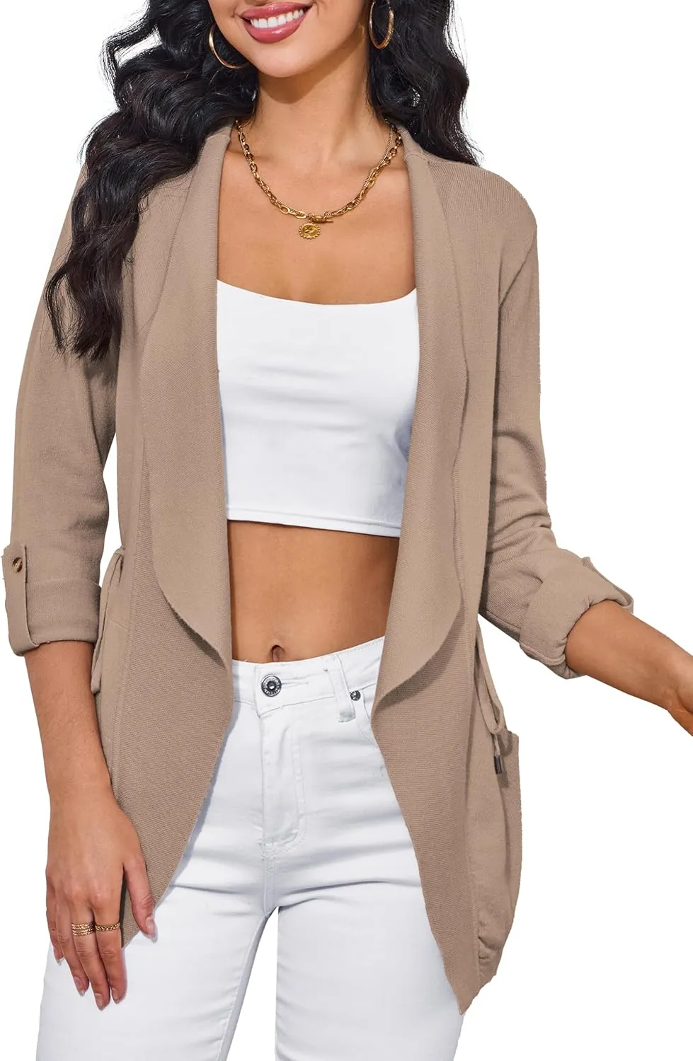 VERABENDI Womens Sweaters 3/4 Roll Sleeve Drawstring Waist Lapel Cardigan for Women with Pockets, S-XL