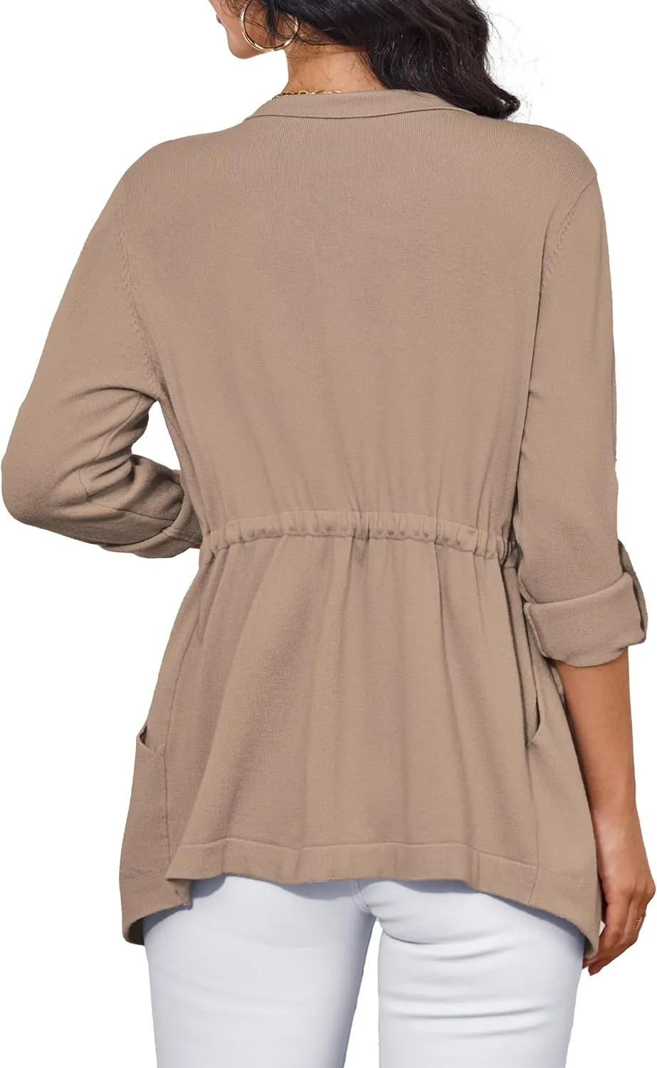VERABENDI Womens Sweaters 3/4 Roll Sleeve Drawstring Waist Lapel Cardigan for Women with Pockets, S-XL