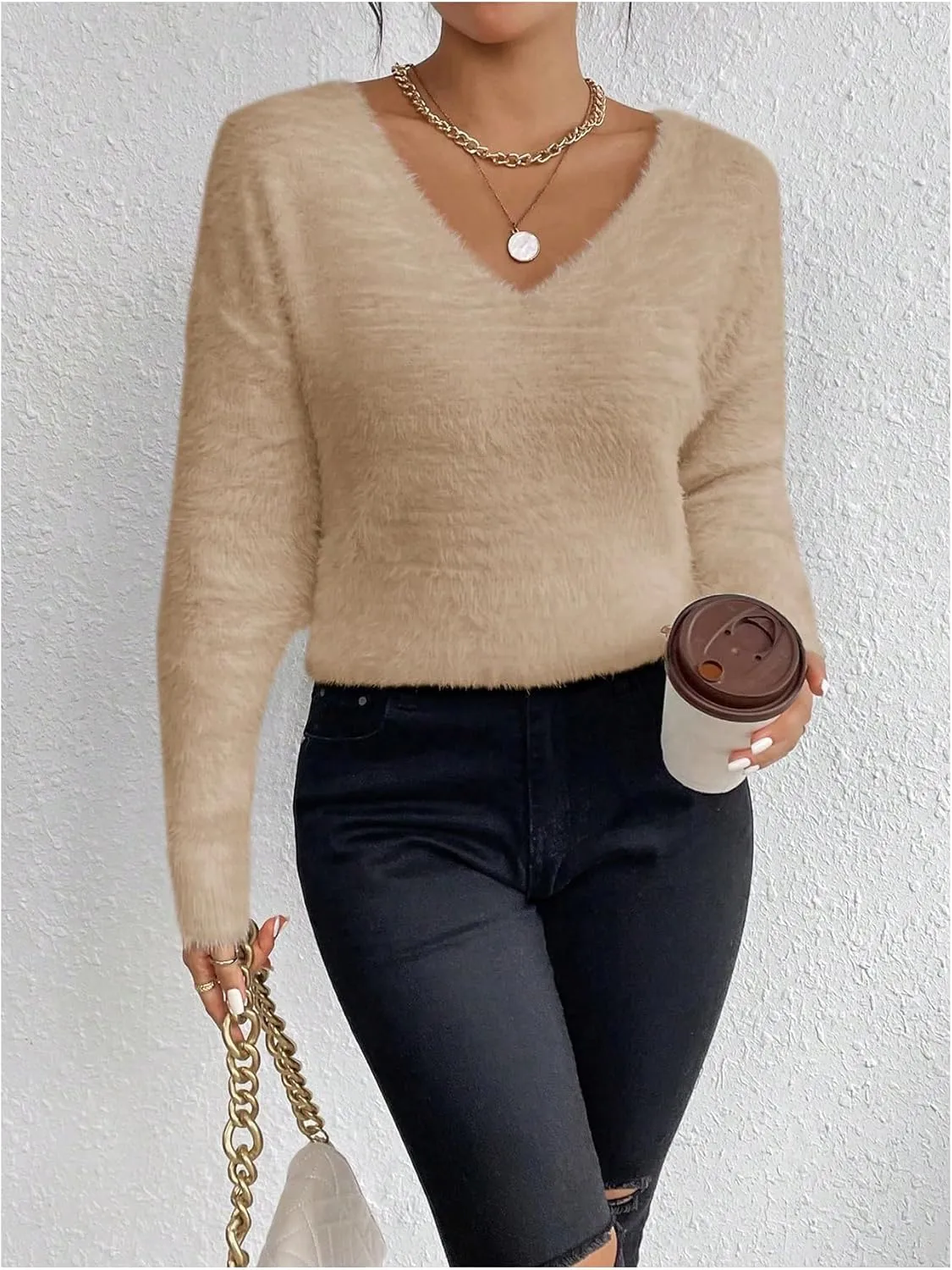 Verdusa Women's Fuzzy Sweater V Neck Drop Shoulder Long Sleeve Pullover Sweaters