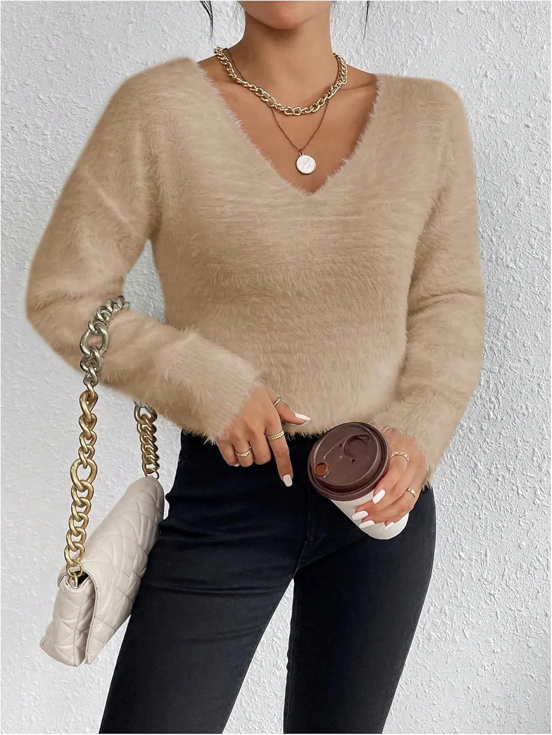 Verdusa Women's Fuzzy Sweater V Neck Drop Shoulder Long Sleeve Pullover Sweaters