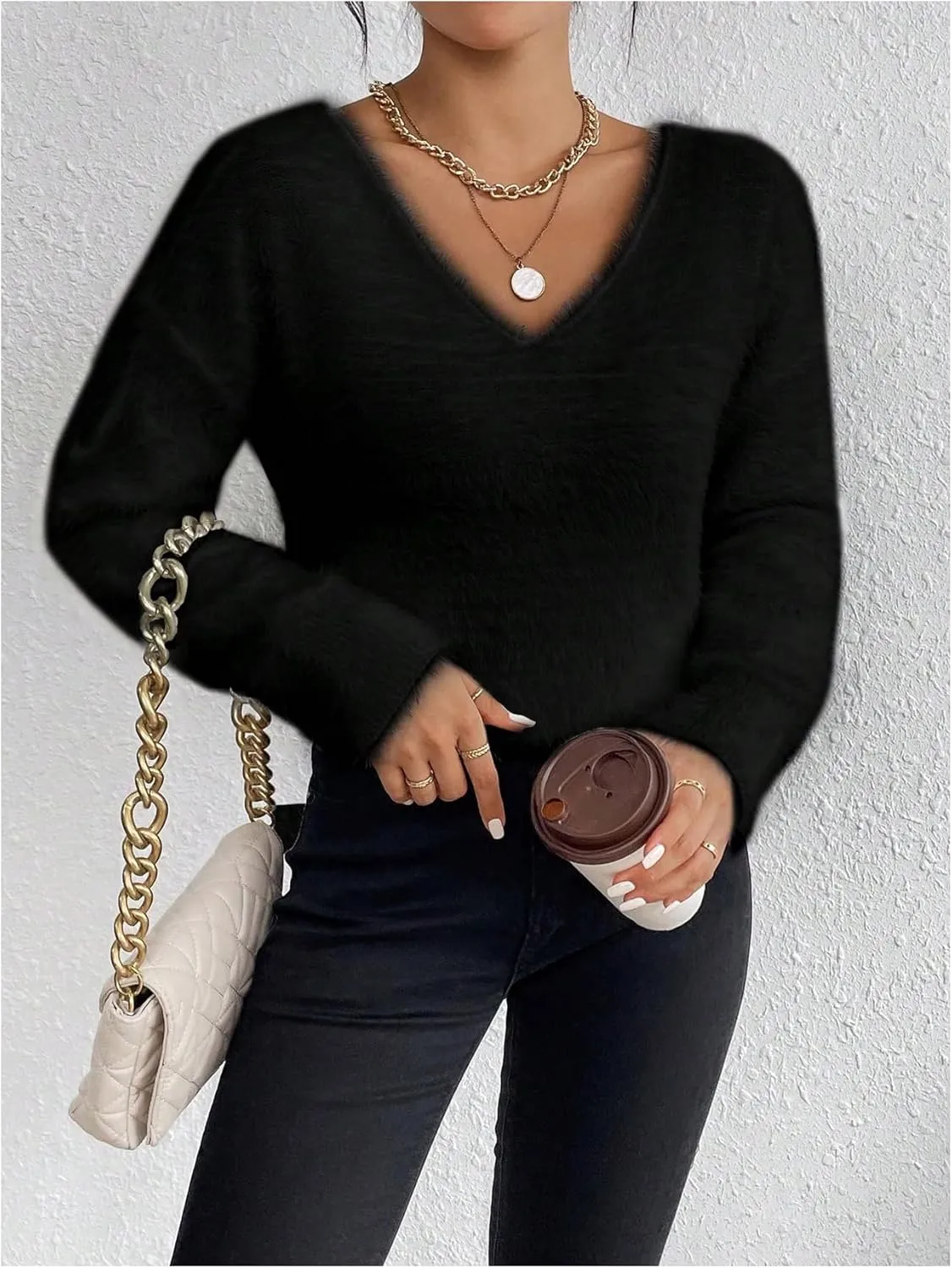 Verdusa Women's Fuzzy Sweater V Neck Drop Shoulder Long Sleeve Pullover Sweaters