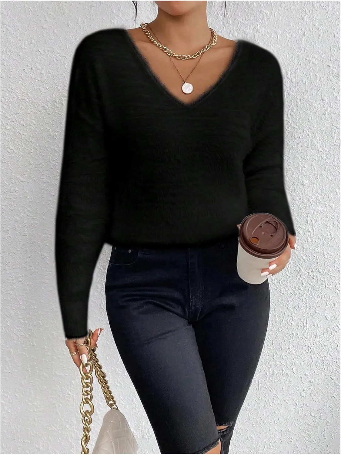 Verdusa Women's Fuzzy Sweater V Neck Drop Shoulder Long Sleeve Pullover Sweaters