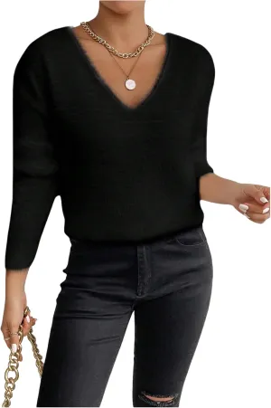 Verdusa Women's Fuzzy Sweater V Neck Drop Shoulder Long Sleeve Pullover Sweaters