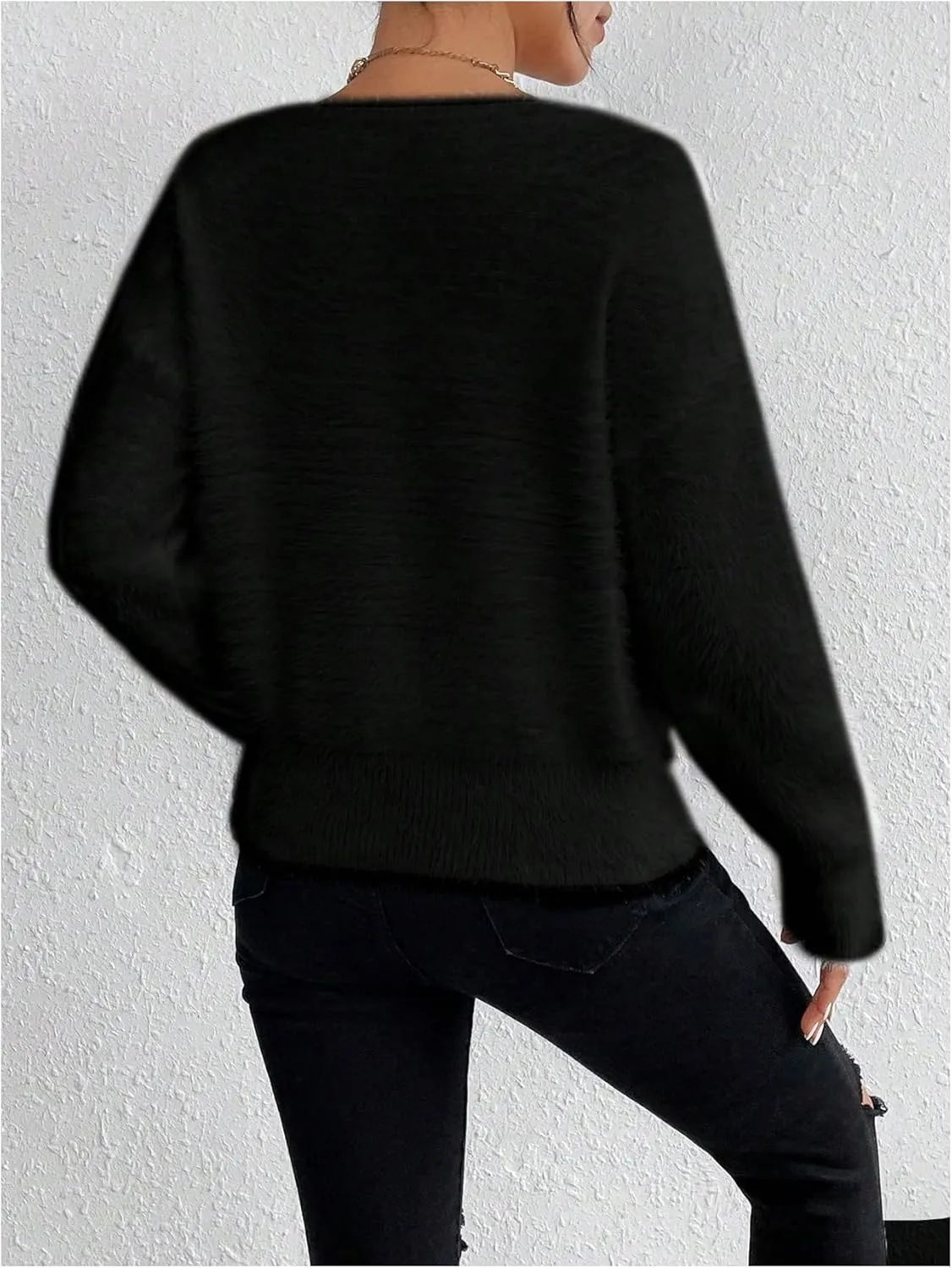 Verdusa Women's Fuzzy Sweater V Neck Drop Shoulder Long Sleeve Pullover Sweaters