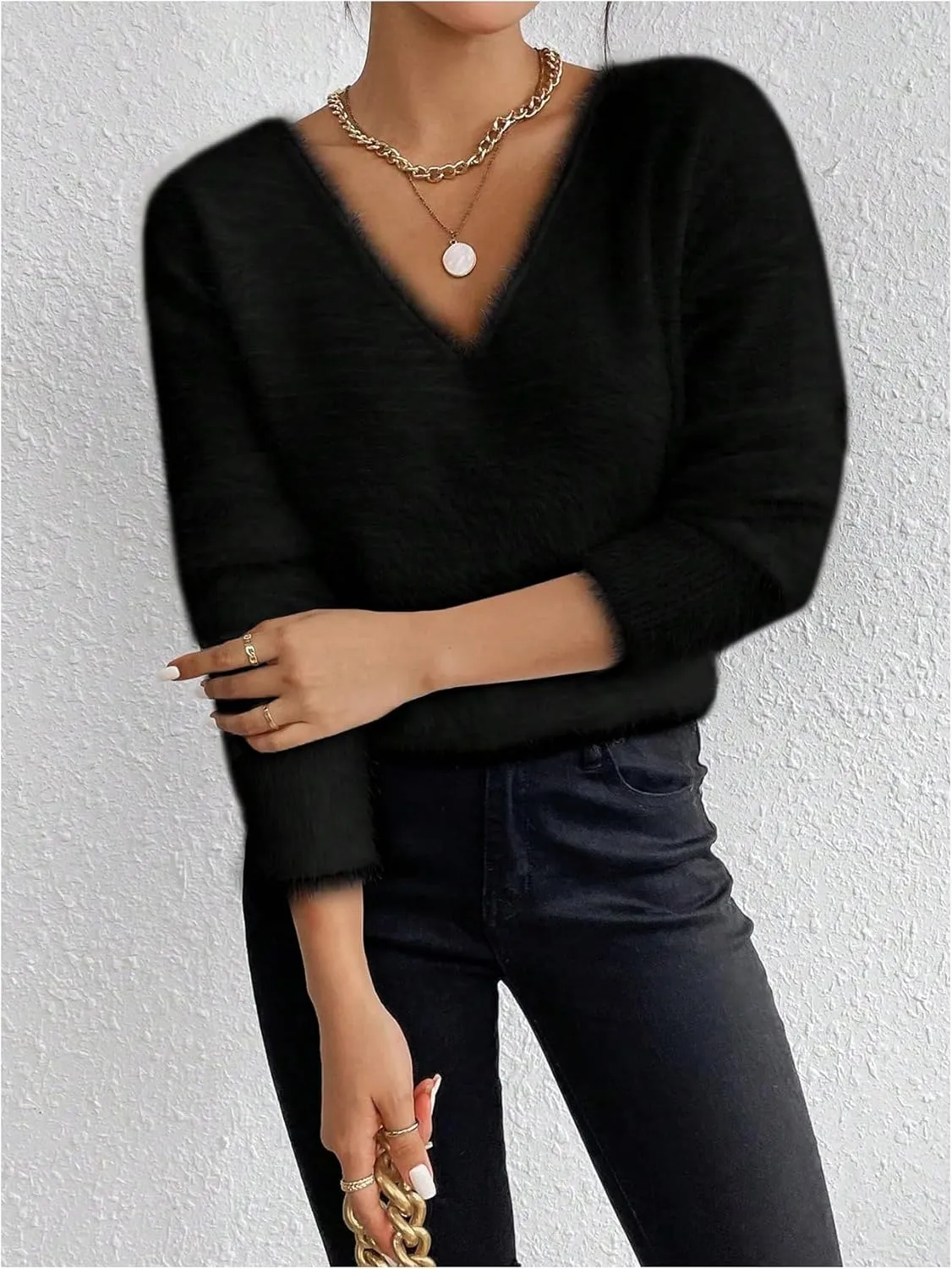 Verdusa Women's Fuzzy Sweater V Neck Drop Shoulder Long Sleeve Pullover Sweaters