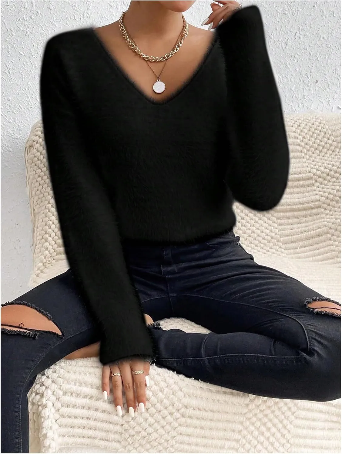 Verdusa Women's Fuzzy Sweater V Neck Drop Shoulder Long Sleeve Pullover Sweaters
