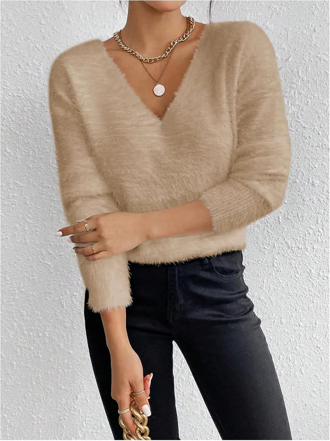 Verdusa Women's Fuzzy Sweater V Neck Drop Shoulder Long Sleeve Pullover Sweaters