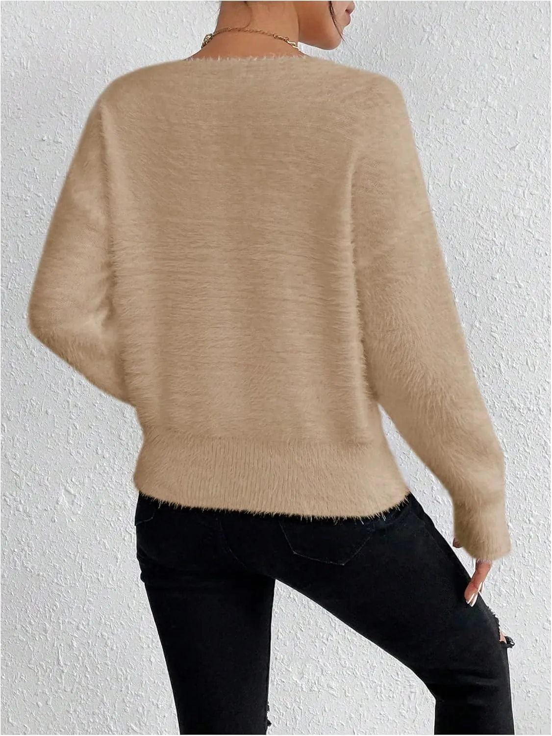 Verdusa Women's Fuzzy Sweater V Neck Drop Shoulder Long Sleeve Pullover Sweaters