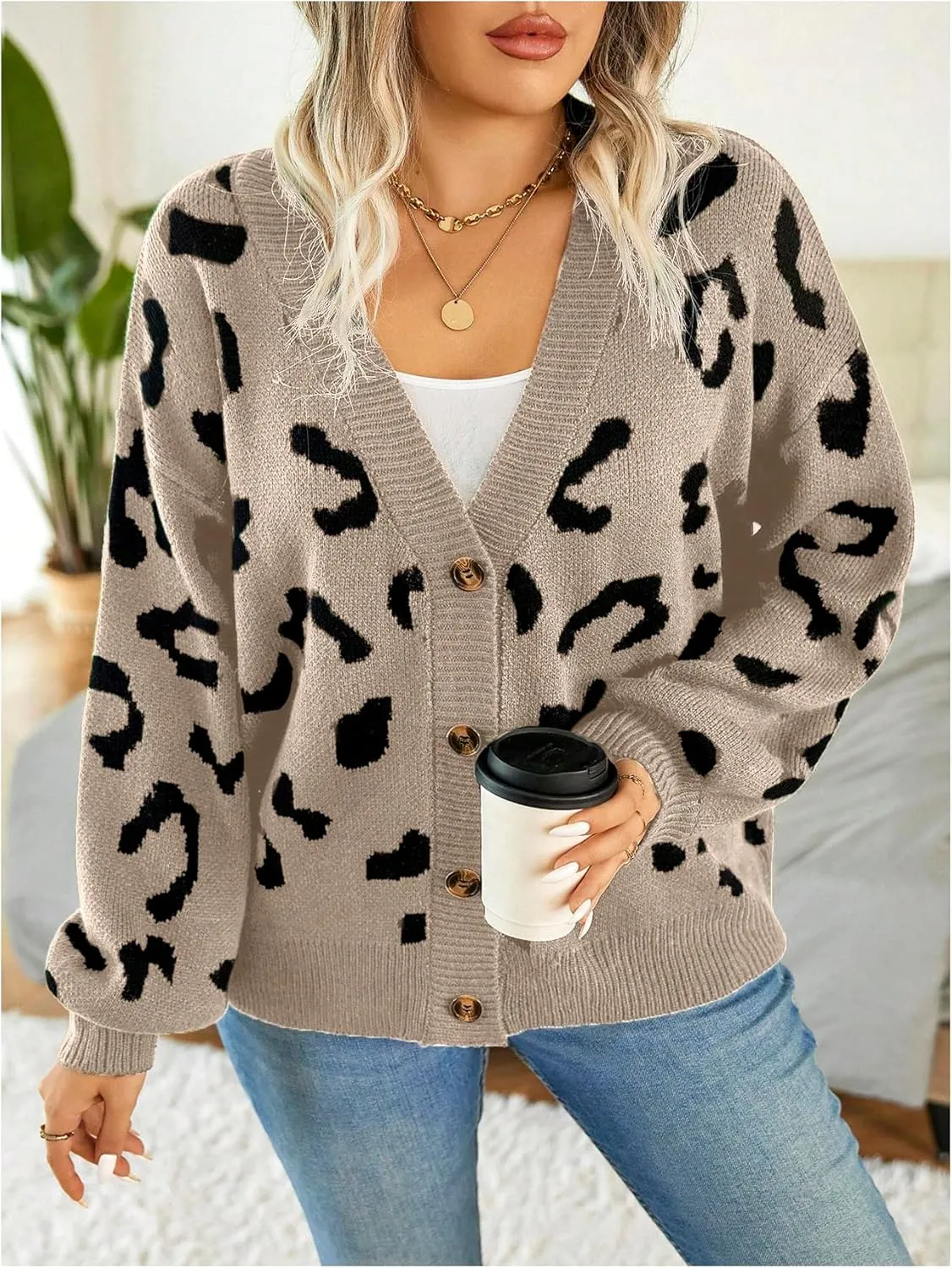 Verdusa Women's Plus Size Cardigan Sweaters Open Front Button Down Leopard Cardigan Long Sleeve Oversize Winter Outfit
