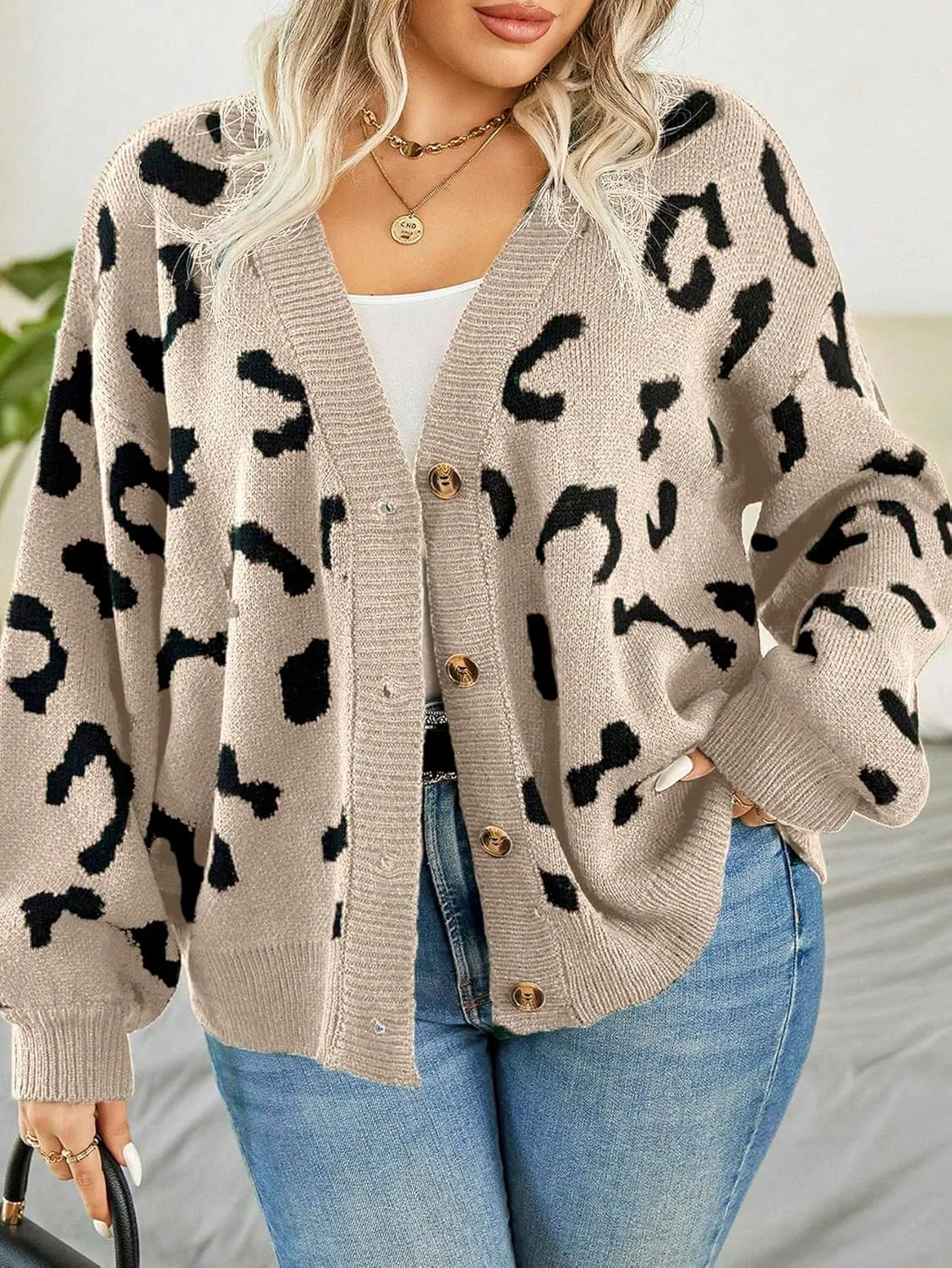 Verdusa Women's Plus Size Cardigan Sweaters Open Front Button Down Leopard Cardigan Long Sleeve Oversize Winter Outfit