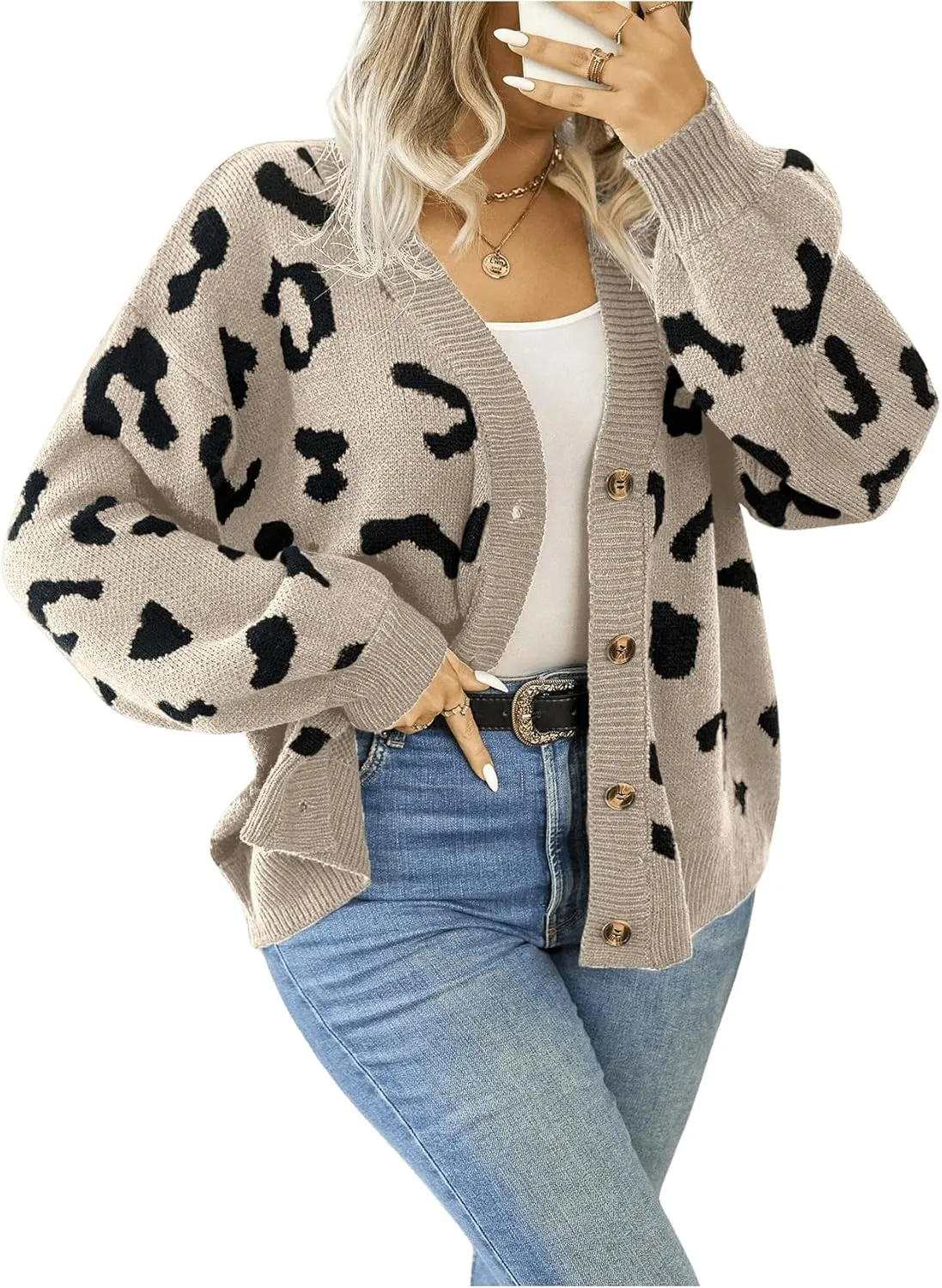 Verdusa Women's Plus Size Cardigan Sweaters Open Front Button Down Leopard Cardigan Long Sleeve Oversize Winter Outfit