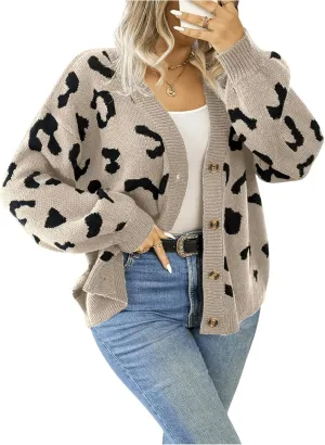 Verdusa Women's Plus Size Cardigan Sweaters Open Front Button Down Leopard Cardigan Long Sleeve Oversize Winter Outfit