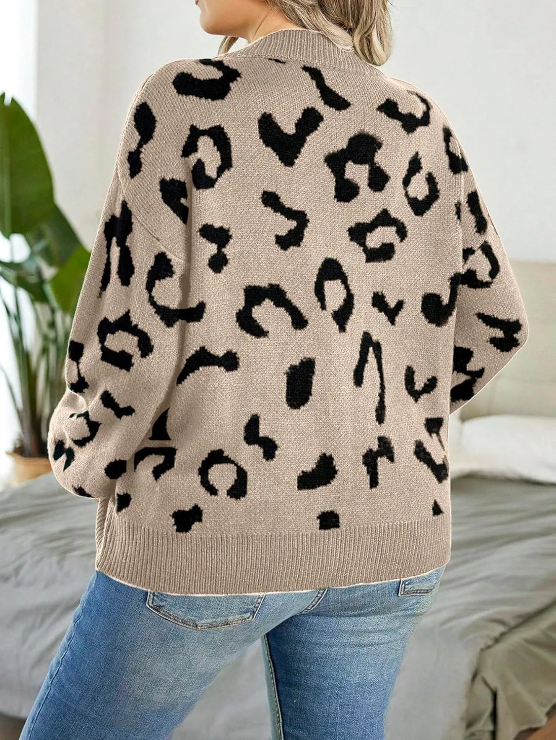 Verdusa Women's Plus Size Cardigan Sweaters Open Front Button Down Leopard Cardigan Long Sleeve Oversize Winter Outfit