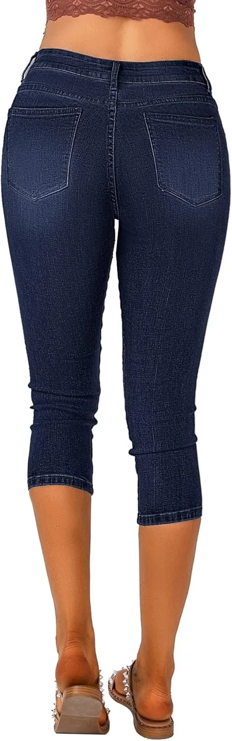 Vetinee Women's High Waisted Casual Ripped Skinny Slim Fit Stretch Denim Capri Jeans