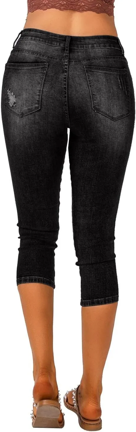 Vetinee Women's High Waisted Casual Ripped Skinny Slim Fit Stretch Denim Capri Jeans