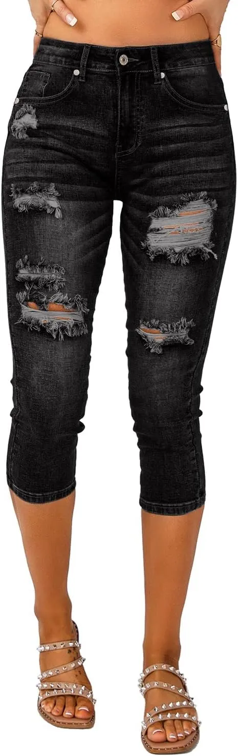 Vetinee Women's High Waisted Casual Ripped Skinny Slim Fit Stretch Denim Capri Jeans