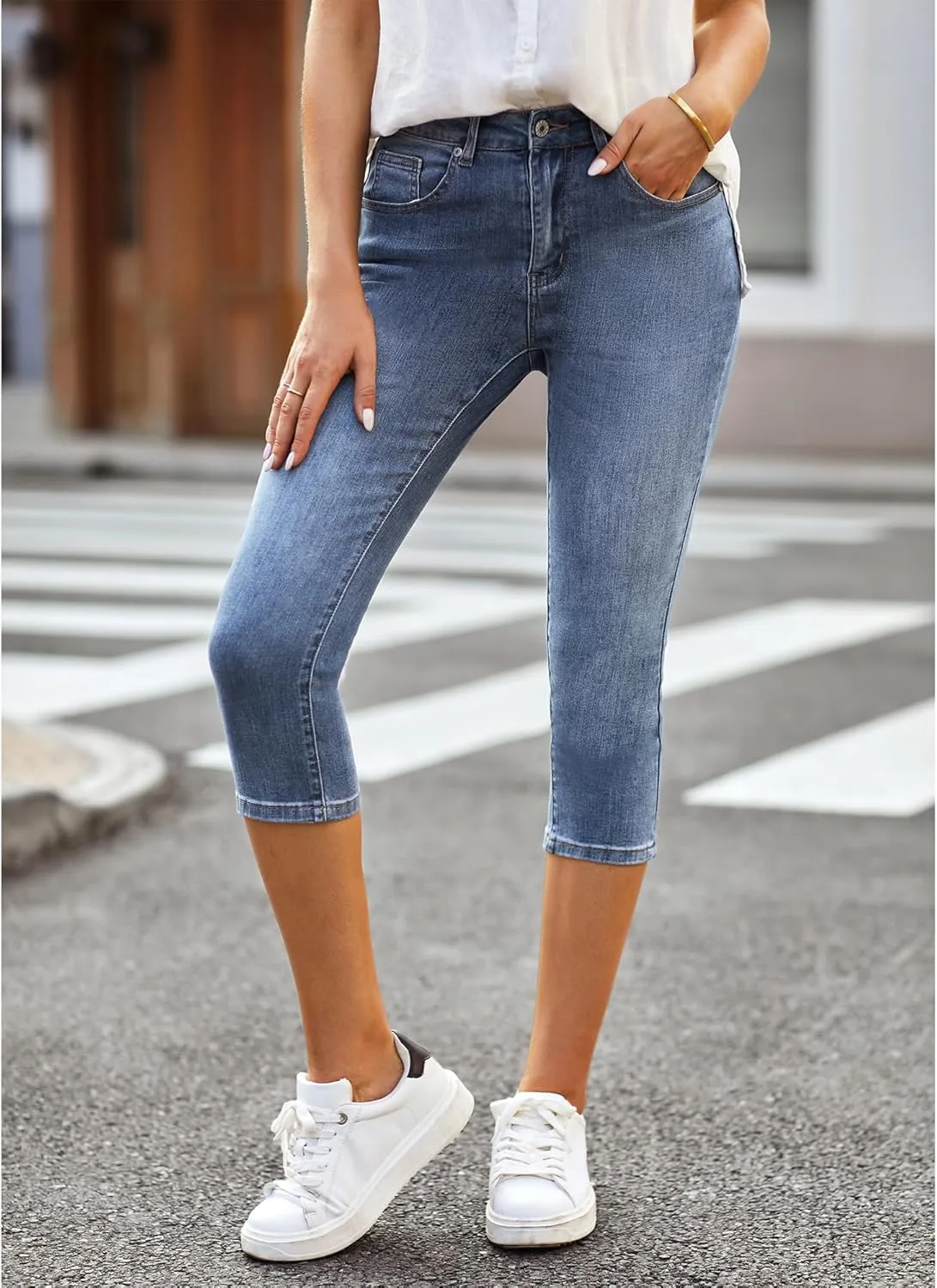 Vetinee Women's High Waisted Casual Ripped Skinny Slim Fit Stretch Denim Capri Jeans