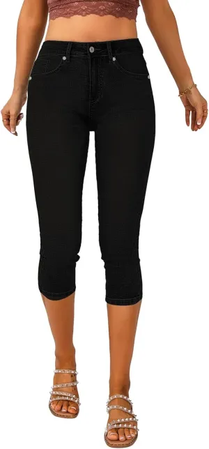 Vetinee Women's High Waisted Casual Ripped Skinny Slim Fit Stretch Denim Capri Jeans