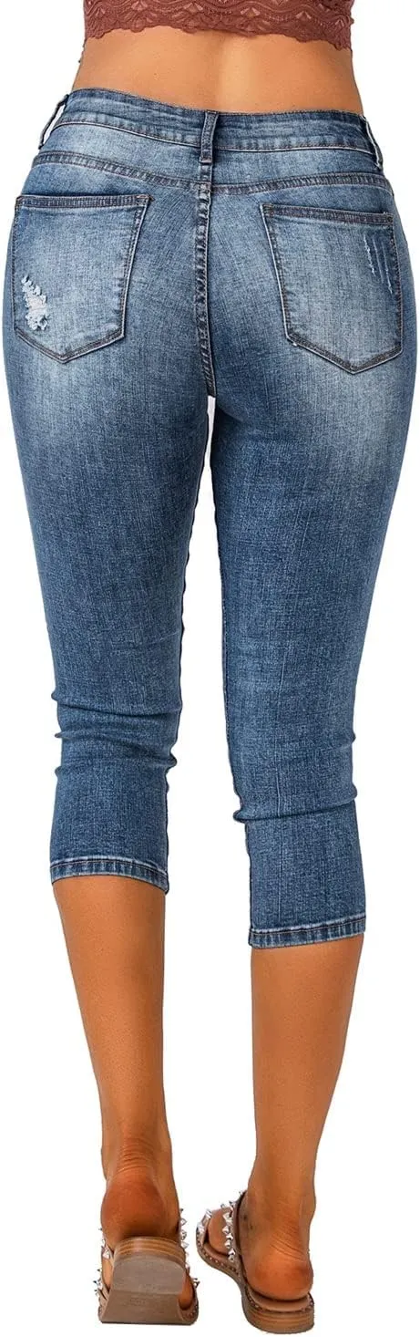 Vetinee Women's High Waisted Casual Ripped Skinny Slim Fit Stretch Denim Capri Jeans