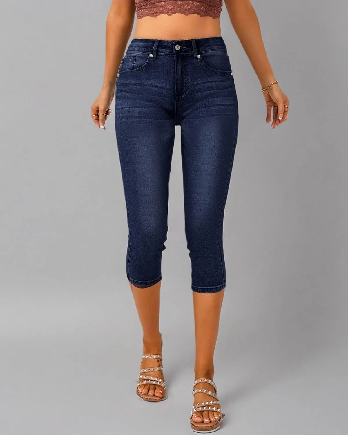 Vetinee Women's High Waisted Casual Ripped Skinny Slim Fit Stretch Denim Capri Jeans