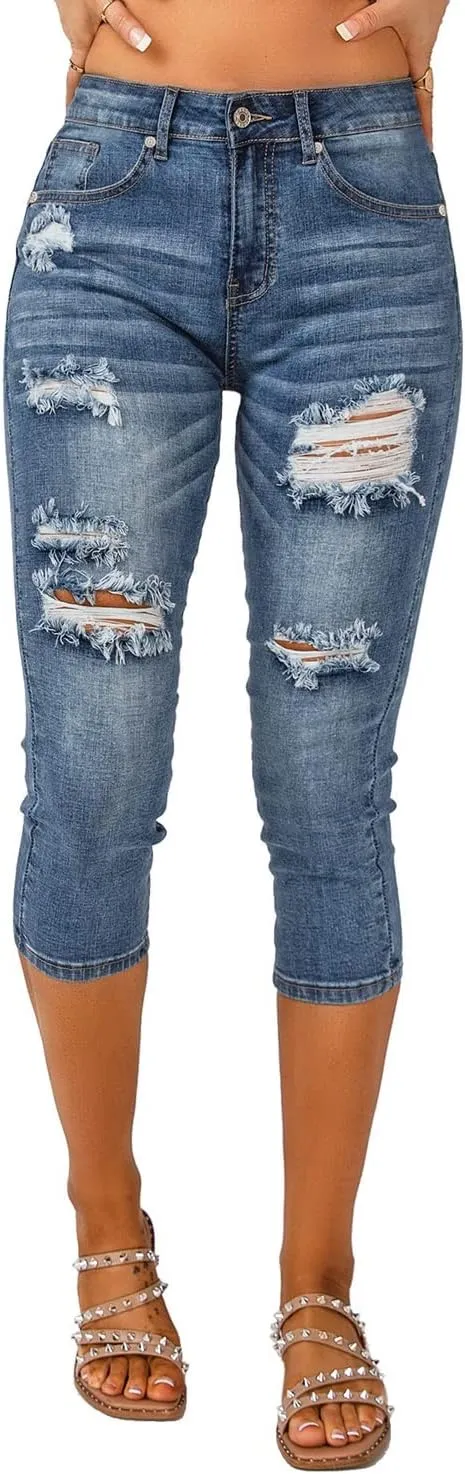 Vetinee Women's High Waisted Casual Ripped Skinny Slim Fit Stretch Denim Capri Jeans