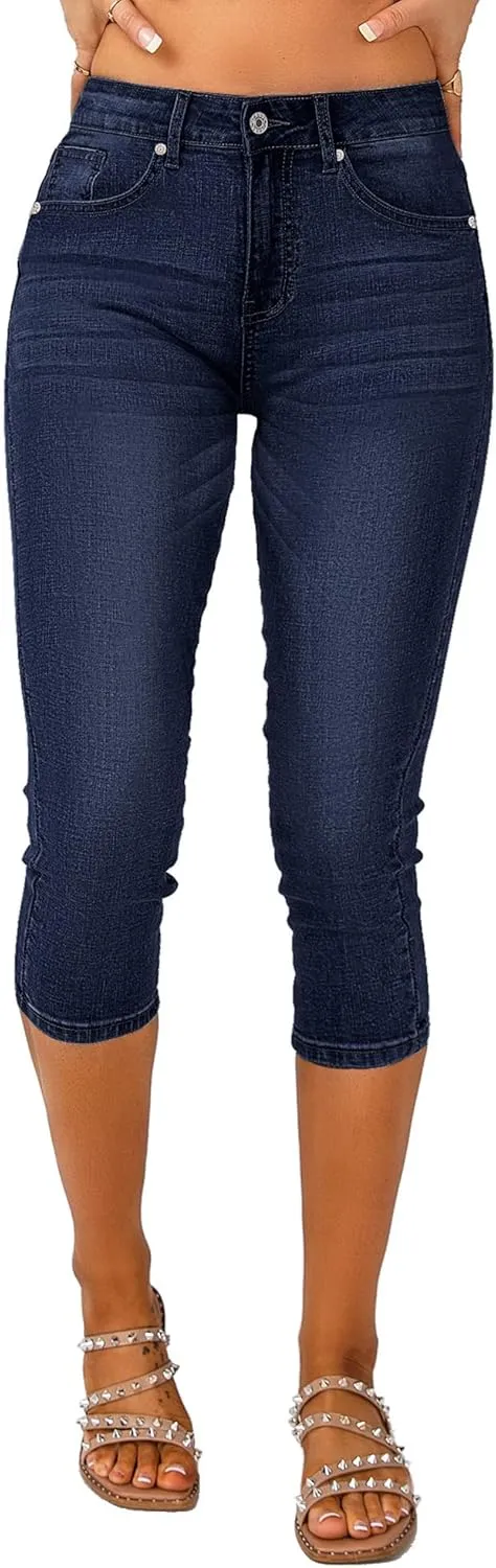Vetinee Women's High Waisted Casual Ripped Skinny Slim Fit Stretch Denim Capri Jeans